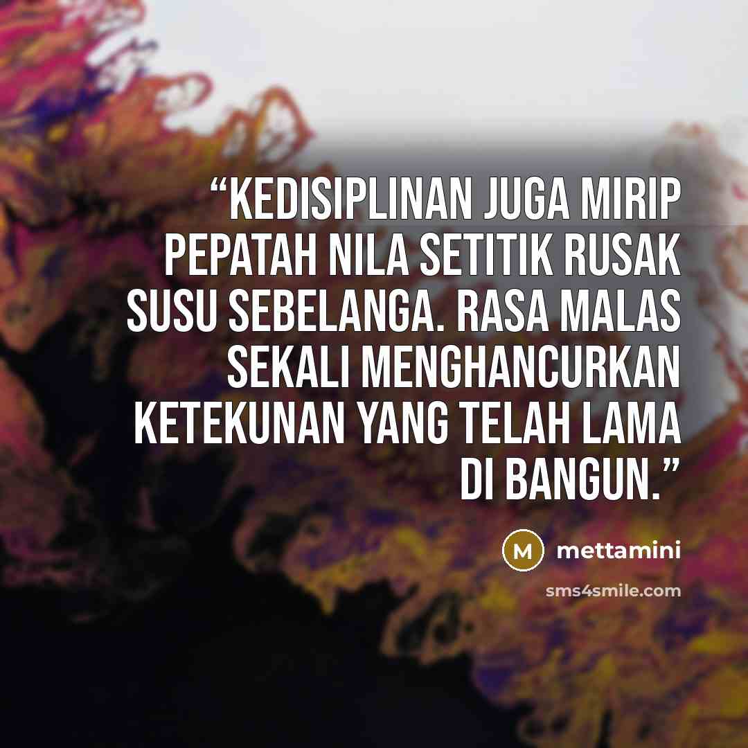 “kedisiplinan juga mirip pepatah nila setitik rusak susu sebelanga. rasa malas sekali menghancurkan ketekunan yang telah lama di bangun.” quote by mettamini