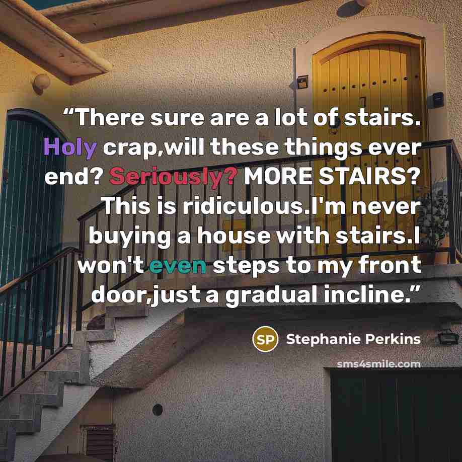 “There sure are a lot of stairs. Holy crap,will these things ever end? Seriously? MORE STAIRS? This is ridiculous.I'm never buying a house with stairs.I won't even steps to my front door,just a gradual incline.” quote by Stephanie Perkins
