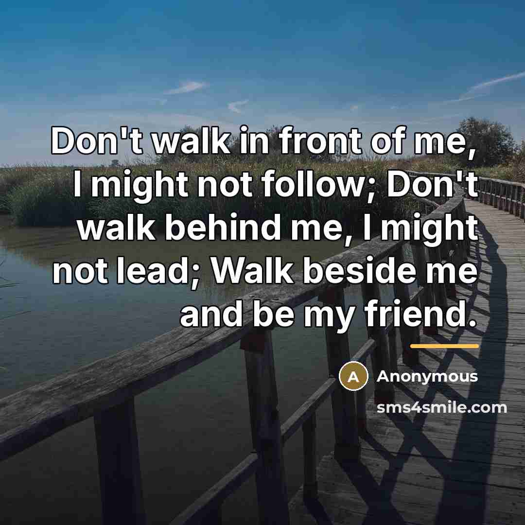 “Don't walk in front of me, I might not follow; Don't walk behind me, I might not lead; Walk beside me and be my friend.” quote by Anonymous