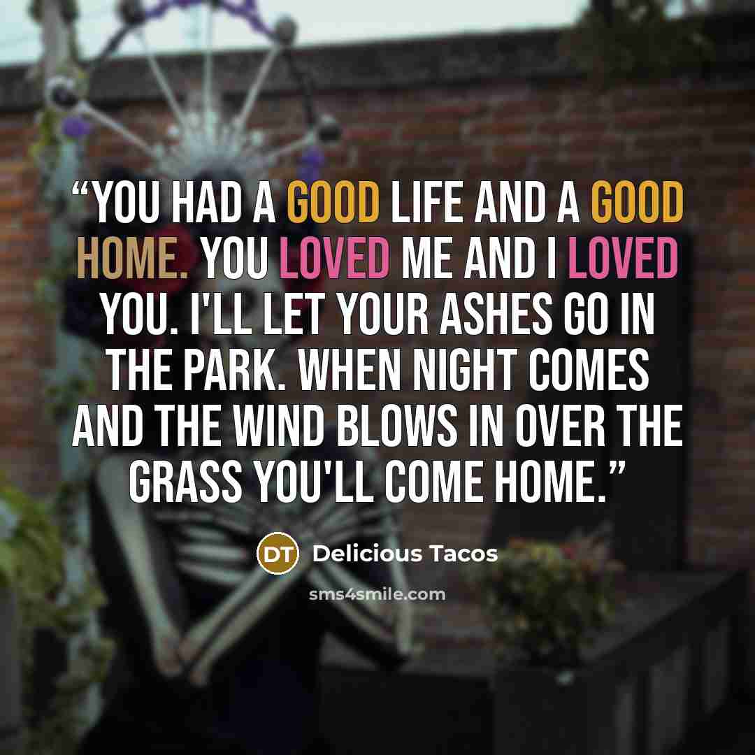 “You had a good life and a good home. You loved me and I loved you. I'll let your ashes go in the park. When night comes and the wind blows in over the grass you'll come home.” quote by Delicious Tacos