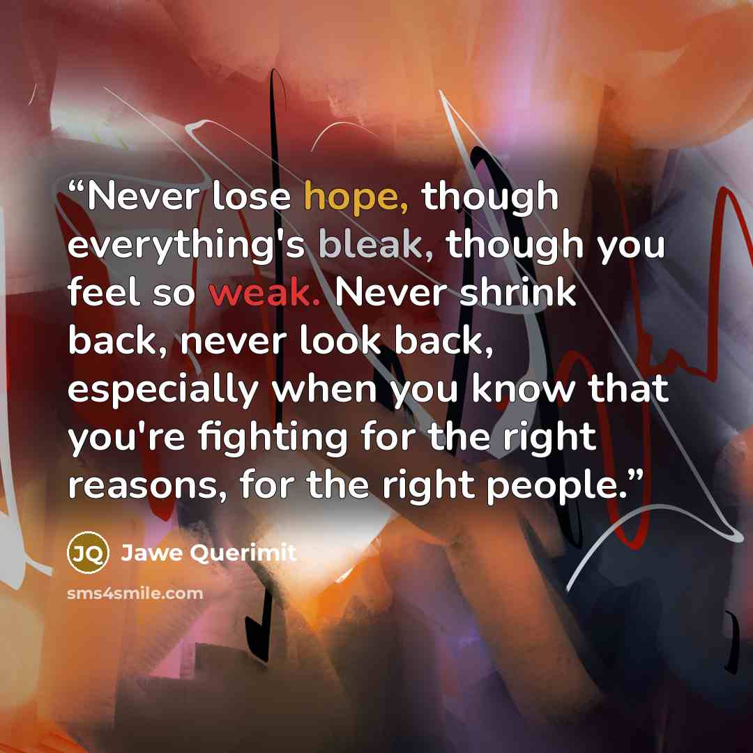 “Never lose hope, though everything's bleak, though you feel so weak. Never shrink back, never look back, especially when you know that you're fighting for the right reasons, for the right people.” quote by Jawe Querimit