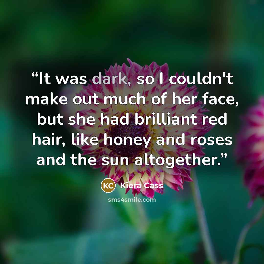 “It was dark, so I couldn't make out much of her face, but she had brilliant red hair, like honey and roses and the sun altogether.” quote by Kiera Cass