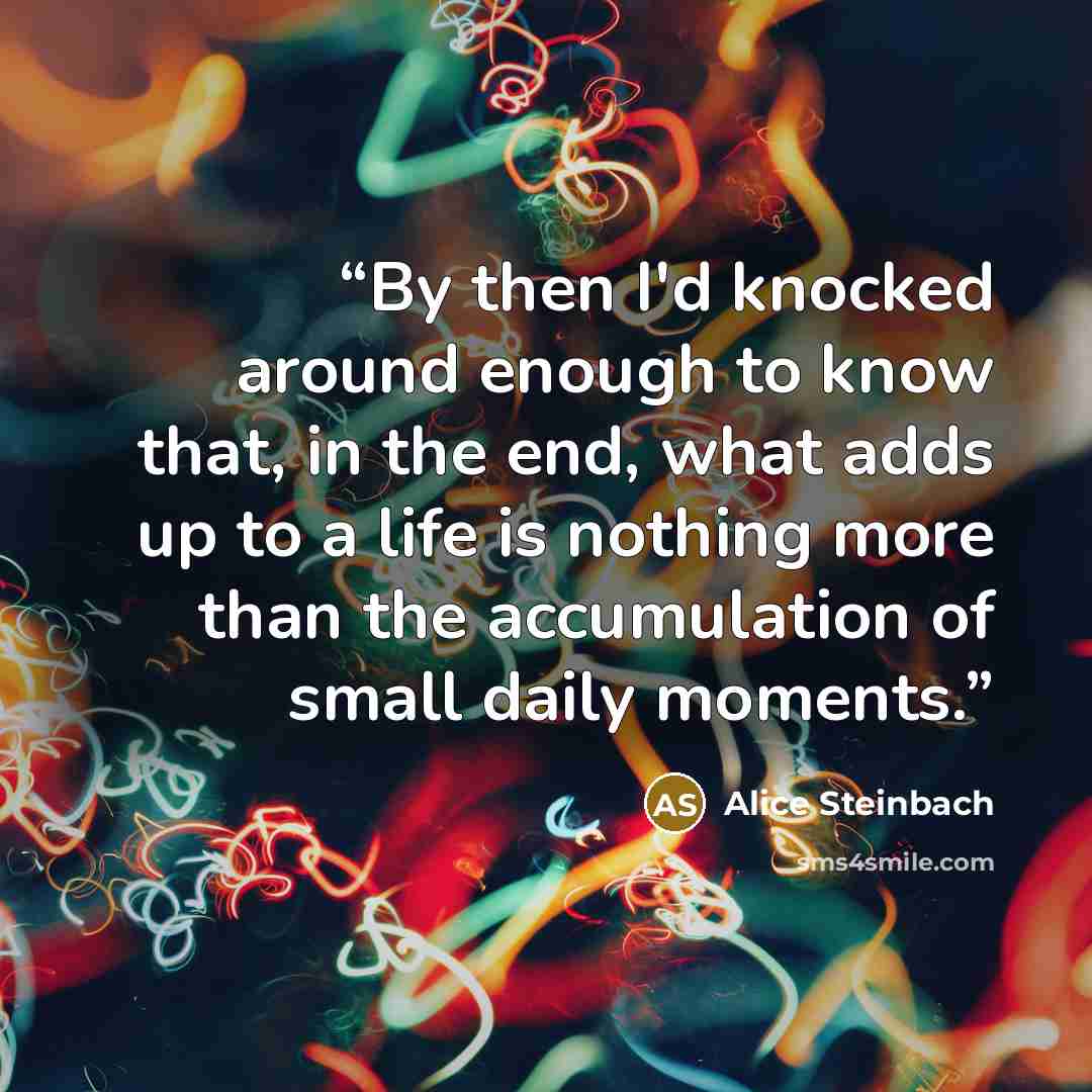 “By then I'd knocked around enough to know that, in the end, what adds up to a life is nothing more than the accumulation of small daily moments.” quote by Alice Steinbach