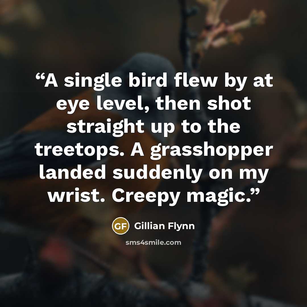 “A single bird flew by at eye level, then shot straight up to the treetops. A grasshopper landed suddenly on my wrist. Creepy magic.” quote by Gillian Flynn