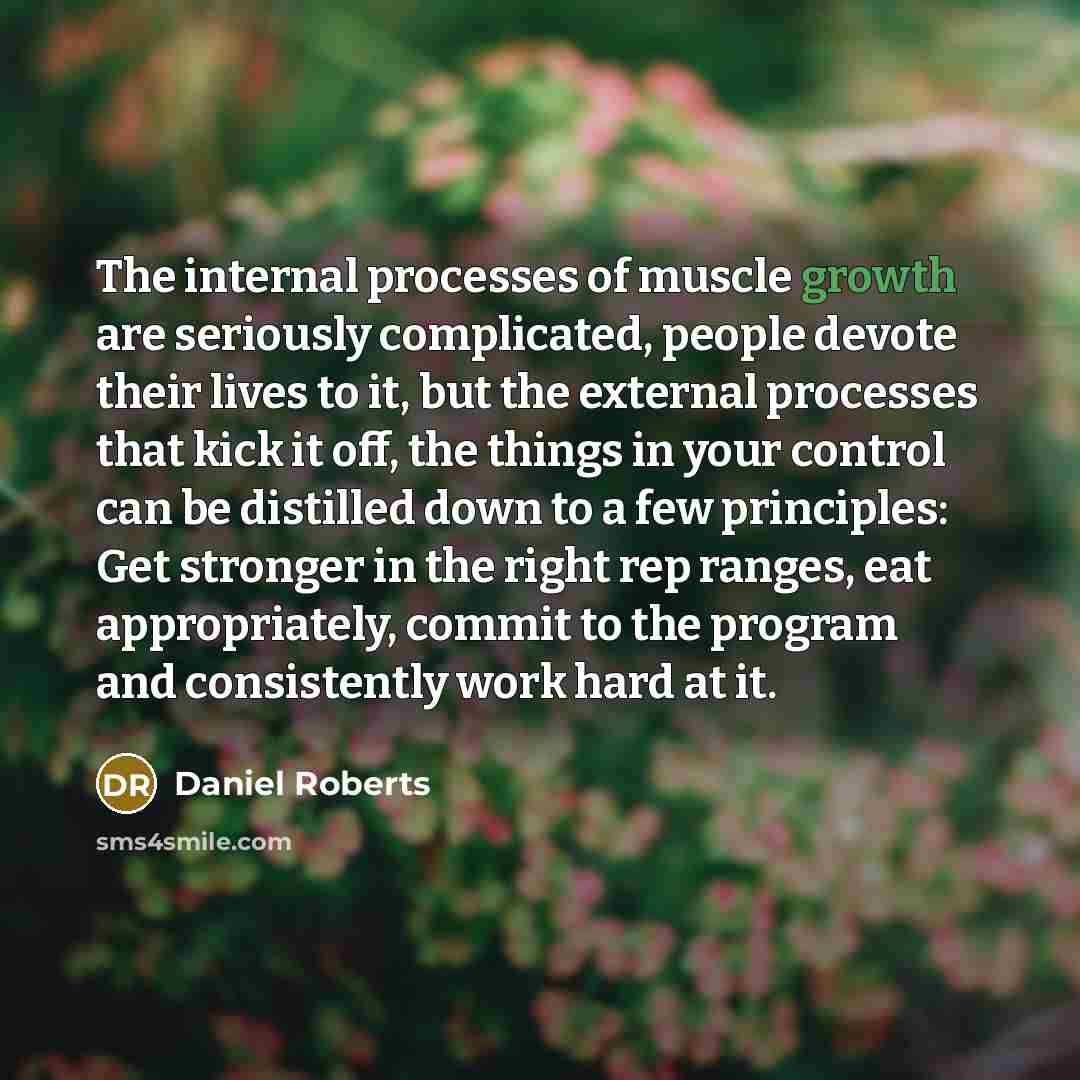 “The internal processes of muscle growth are seriously complicated, people devote their lives to it, but the external processes that kick it off, the things in your control can be distilled down to a few principles: Get stronger in the right rep ranges, eat appropriately, commit to the program and…” quote by Daniel Roberts