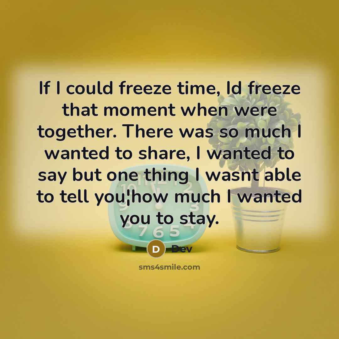 “If I could freeze time, Id freeze that moment when were together. There was so much I wanted to share, I wanted to say but one thing I wasnt able to tell you¦how much I wanted you to stay.” quote by Dev