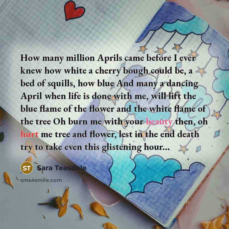 “How many million Aprils came before I ever knew how…” quote by Sara Teasdale