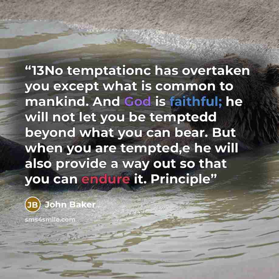 “13No temptationc has overtaken you except what is common to mankind. And God is faithful; he will not let you be temptedd beyond what you can bear. But when you are tempted,e he will also provide a way out so that you can endure it. Principle” quote by John Baker