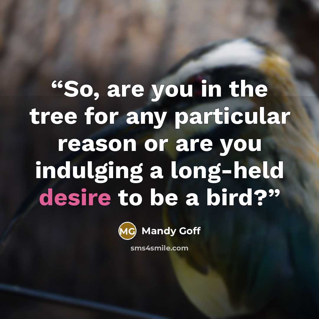 “So, are you in the tree for any particular reason or are you indulging a long-held desire to be a bird?” quote by Mandy Goff