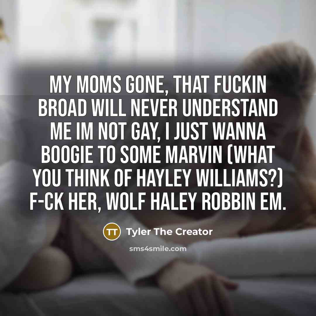 “My moms gone, that fuckin broad will never understand me Im not gay, I just wanna boogie to some Marvin (What you think of Hayley Williams?) F-ck her, Wolf Haley robbin em.” quote by Tyler The Creator