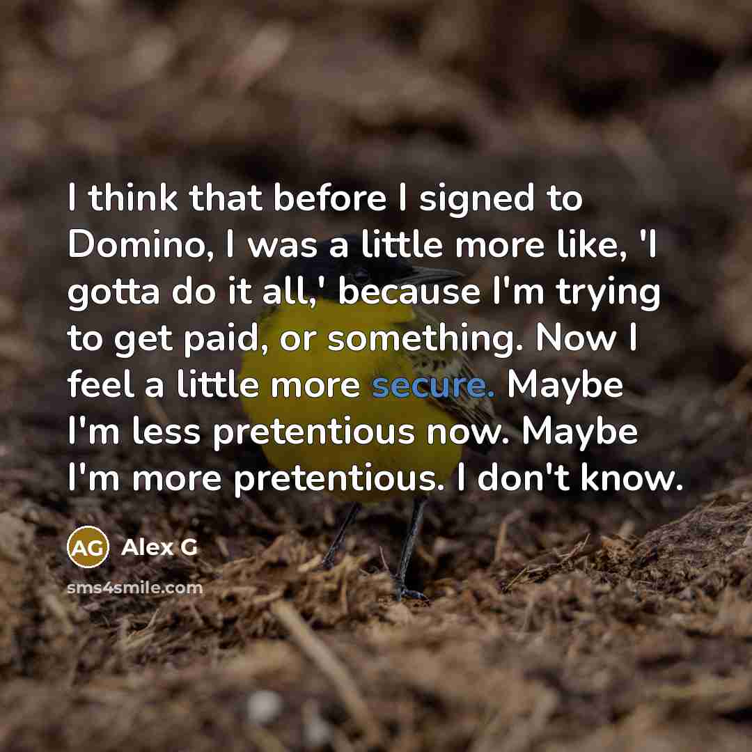 “I think that before I signed to Domino, I was a little more like, 'I gotta do it all,' because I'm trying to get paid, or something. Now I feel a little more secure. Maybe I'm less pretentious now. Maybe I'm more pretentious. I don't know.” quote by Alex G