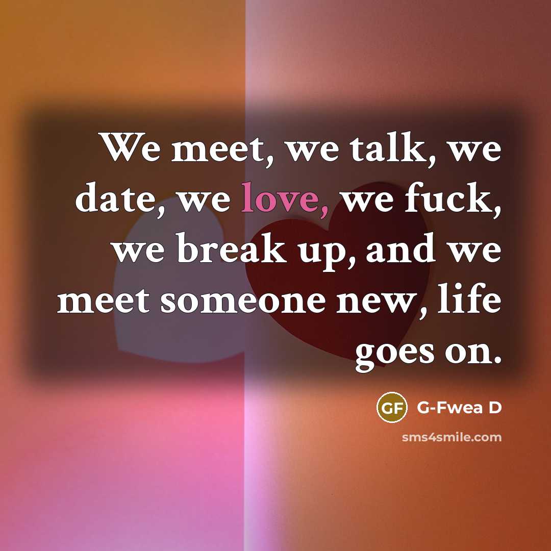 “We meet, we talk, we date, we love, we fuck, we break up, and we meet someone new, life goes on.” quote by G-Fwea D