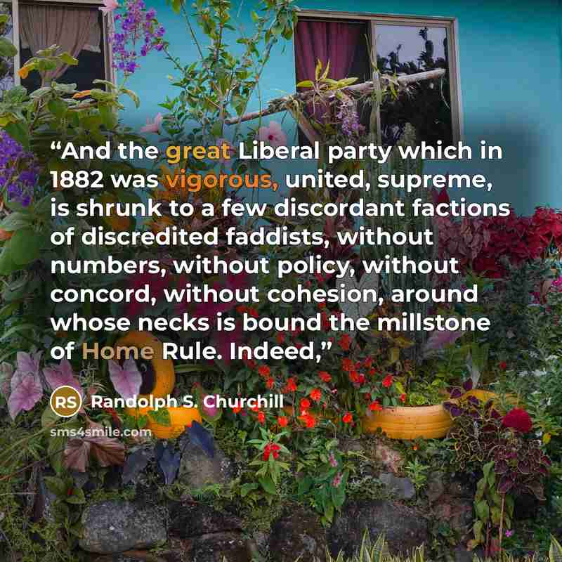 “And the great Liberal party which in 1882 was vigorous, united, supreme, is shrunk to a few discordant factions of discredited faddists, without numbers, without policy, without concord, without cohesion, around whose necks is bound the millstone of Home Rule. Indeed,” quote by Randolph S. Churchill
