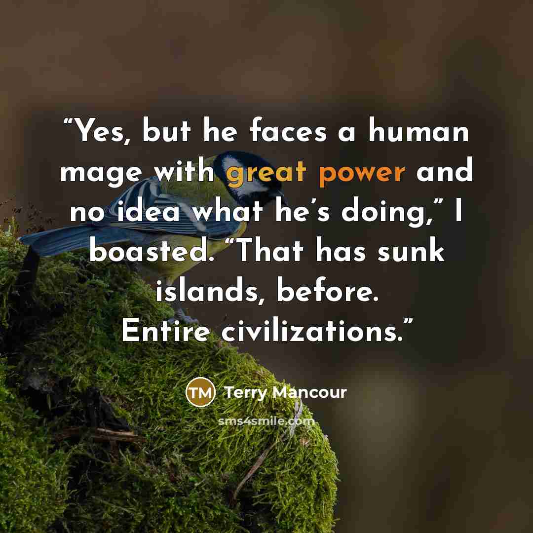 “Yes, but he faces a human mage with great power and no idea what he’s doing,” I boasted. “That has sunk islands, before. Entire civilizations.” quote by Terry Mancour