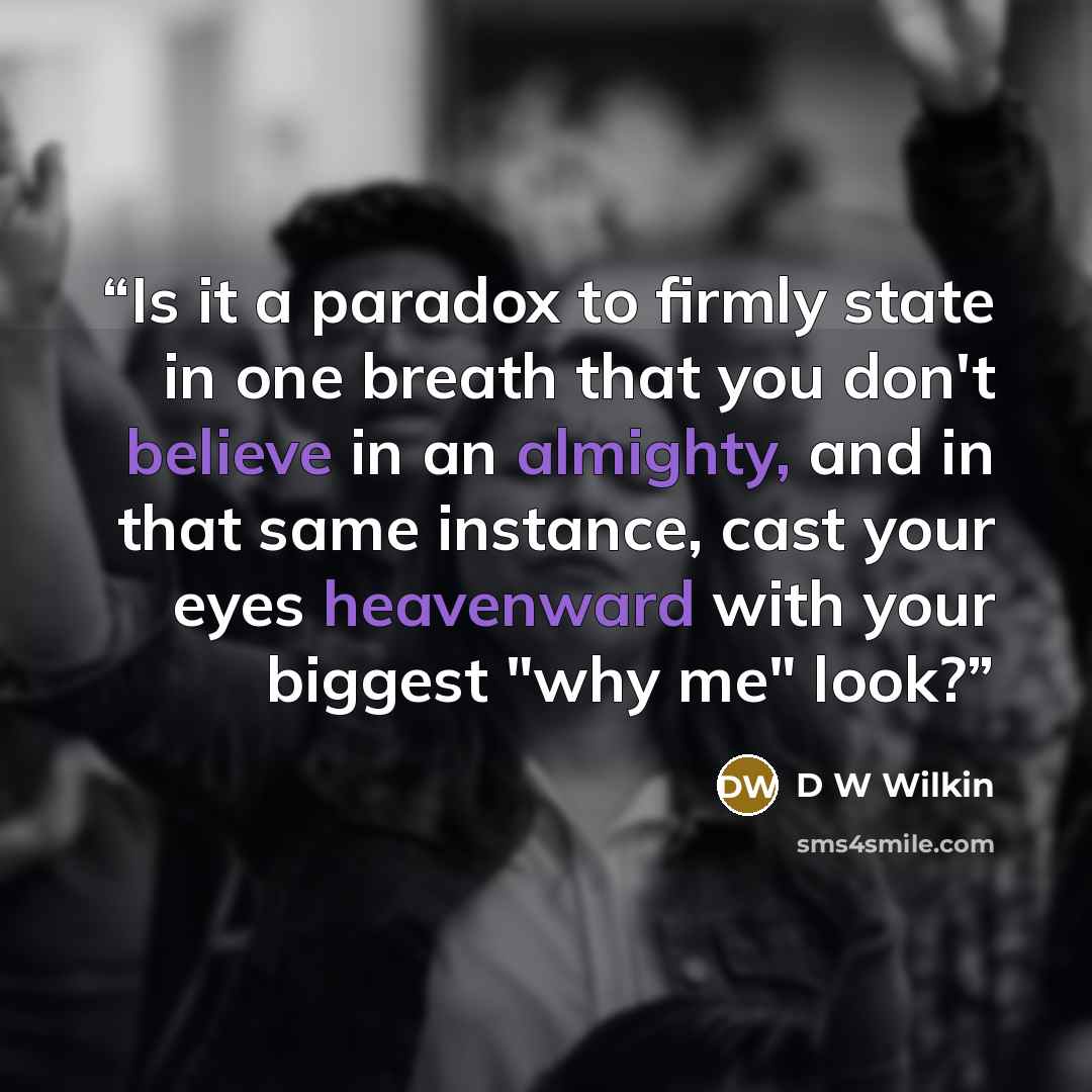 “Is it a paradox to firmly state in one breath that you don't believe in an almighty, and in that same instance, cast your eyes heavenward with your biggest "why me" look?” quote by D W Wilkin