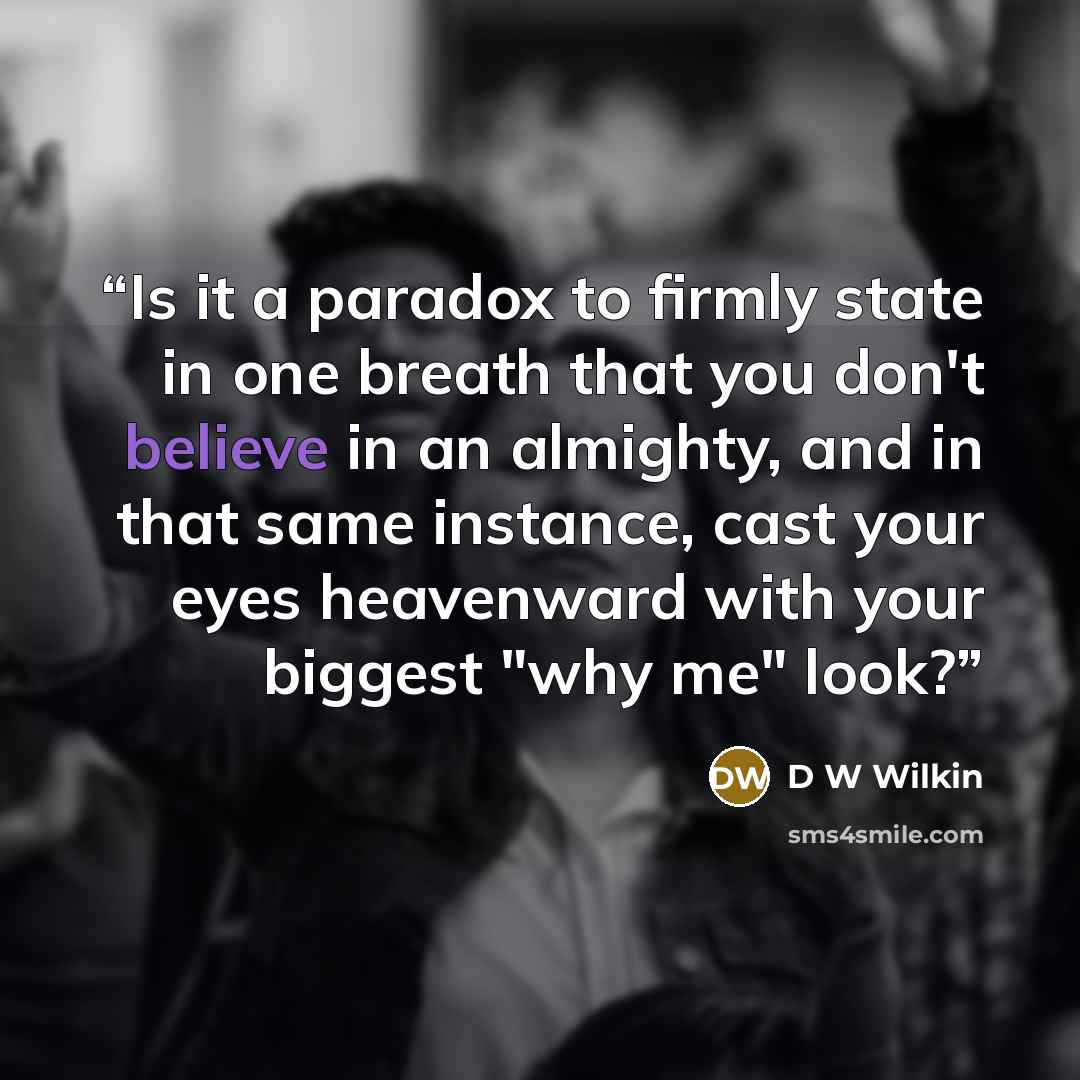 “Is it a paradox to firmly state in one breath that you don't believe in an almighty, and in that same instance, cast your eyes heavenward with your biggest "why me" look?” quote by D W Wilkin