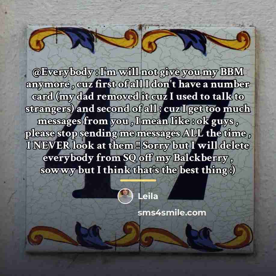 “@Everybody : I'm will not give you my BBM anymore…” quote by Leila