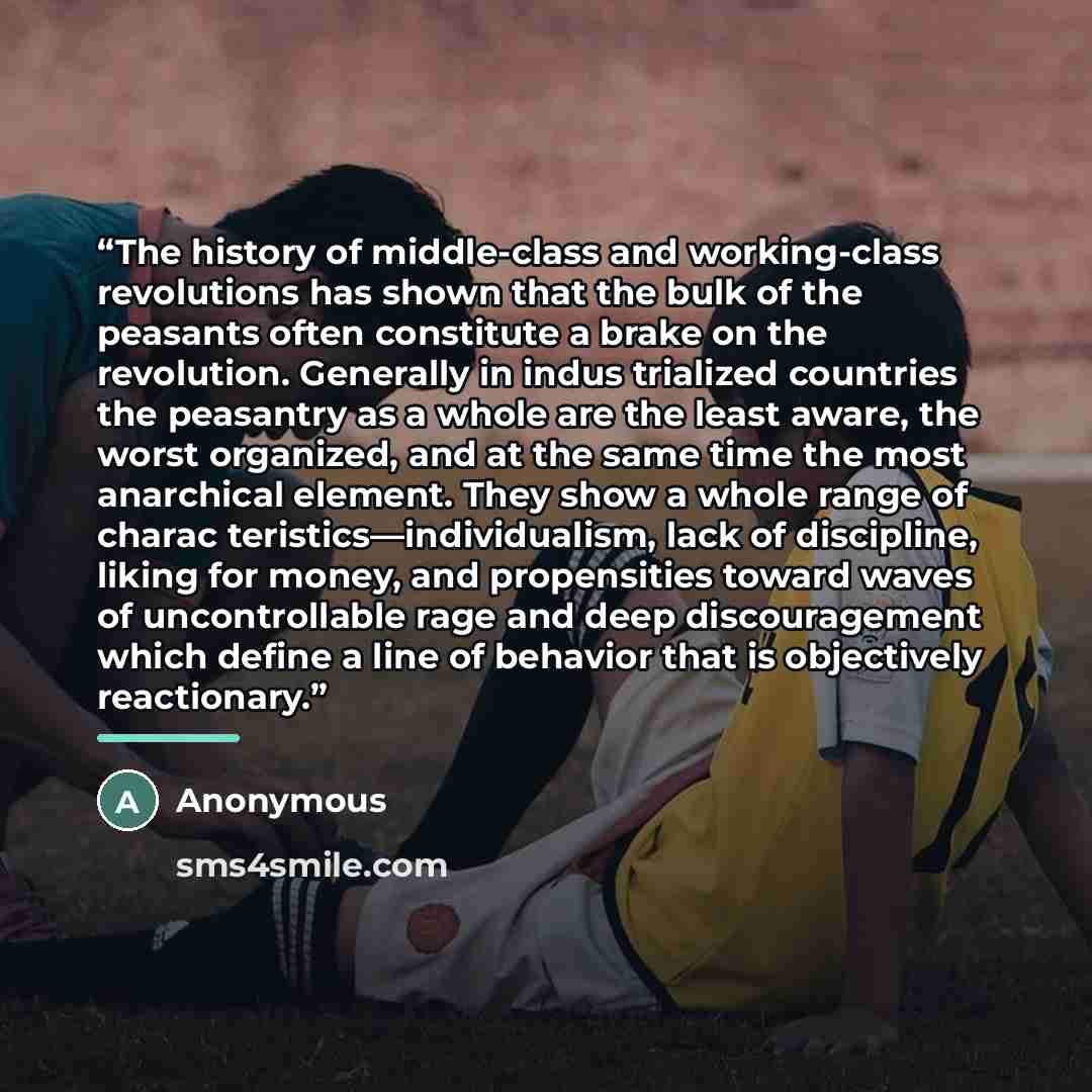 “The history of middle-class and working-class revolutions has shown that the bulk of the peasants often constitute a brake on the revolution. Generally in indus­ trialized countries the peasantry as a whole are the least aware, the worst organized, and at the same time the most anarchical element…” quote by Anonymous