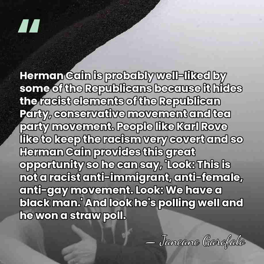Herman Cain is probably well-liked by some of the Republicans because it&hellip; - Janeane Garofalo
