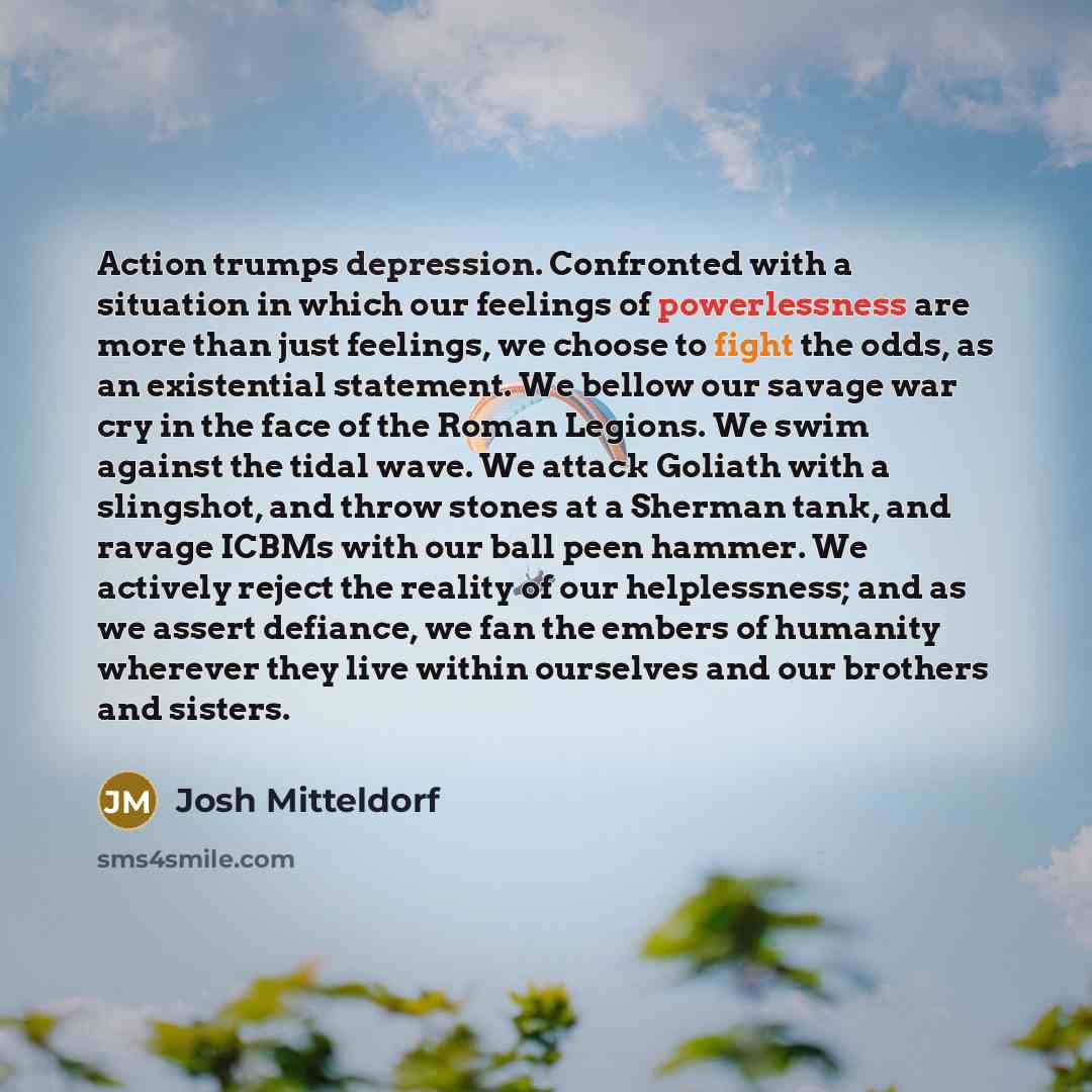 “Action trumps depression. Confronted with a situation in which our feelings of powerlessness are more than just feelings, we choose to fight the odds, as an existential statement. We bellow our savage war cry in the face of the Roman Legions. We swim against the tidal wave. We attack Goliath with…” quote by Josh Mitteldorf