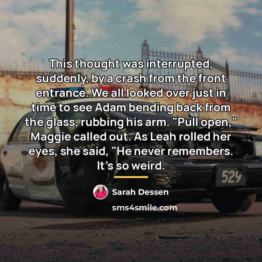 “This thought was interrupted, suddenly, by a crash from the…” quote by Sarah Dessen