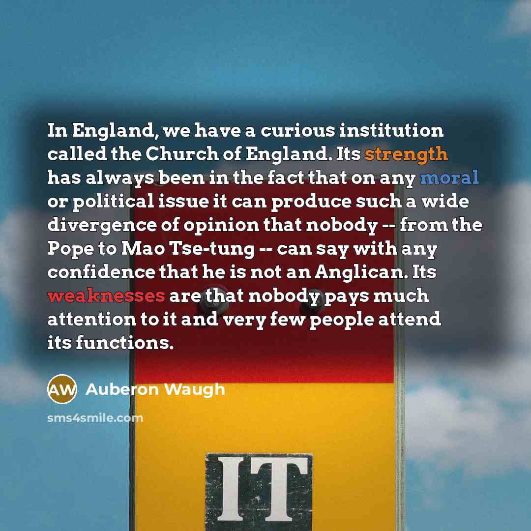 “In England, we have a curious institution called the Church of England. Its strength has always been in the fact that on any moral or political issue it can produce such a wide divergence of opinion that nobody -- from the Pope to Mao Tse-tung -- can say with any confidence that he is not an…” quote by Auberon Waugh
