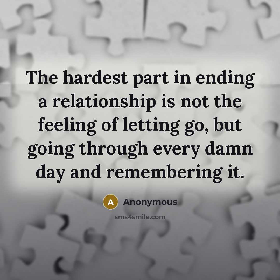 “The hardest part in ending a relationship is not the feeling of letting go, but going through every damn day and remembering it.” quote by Anonymous