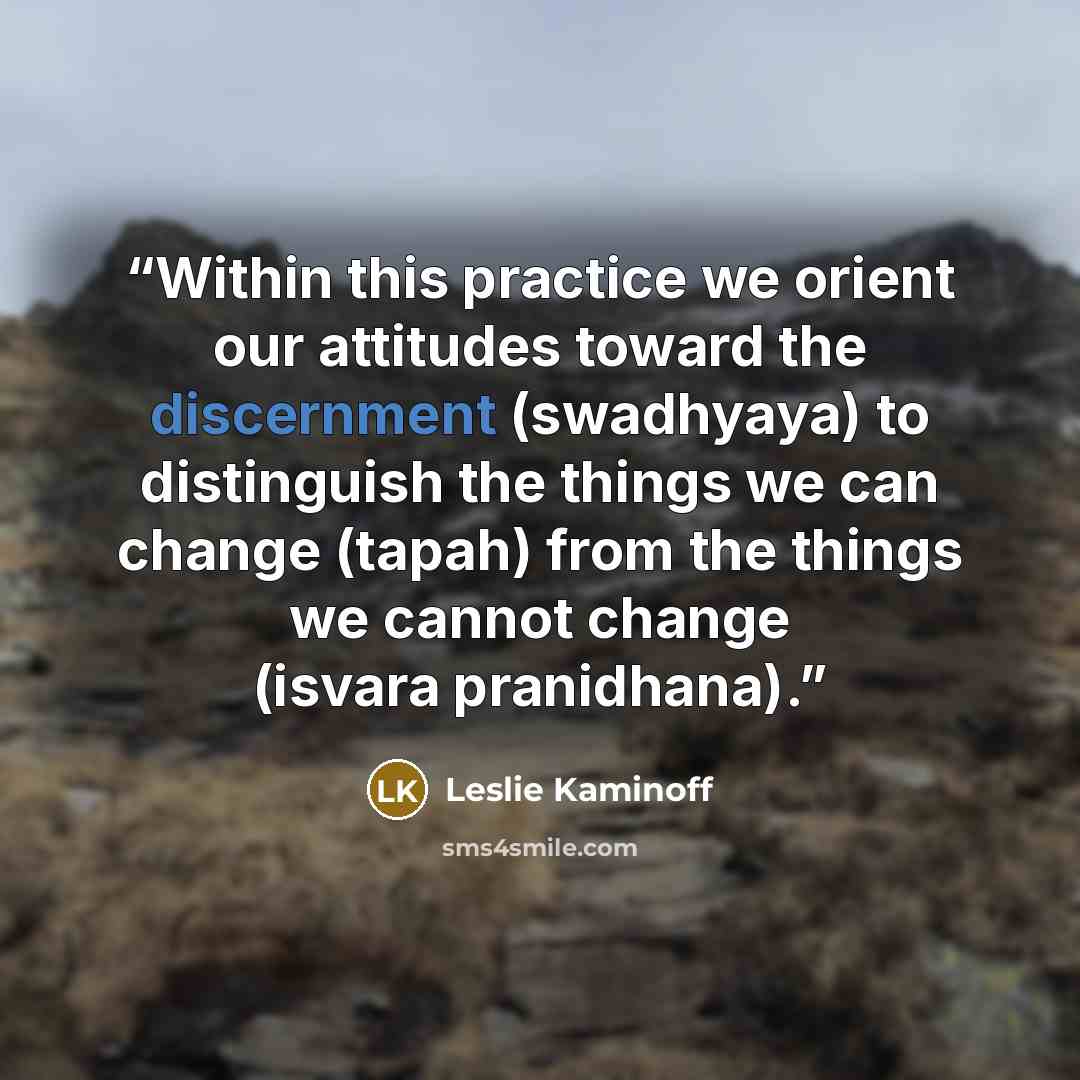 “Within this practice we orient our attitudes toward the discernment (swadhyaya) to distinguish the things we can change (tapah) from the things we cannot change (isvara pranidhana).” quote by Leslie Kaminoff