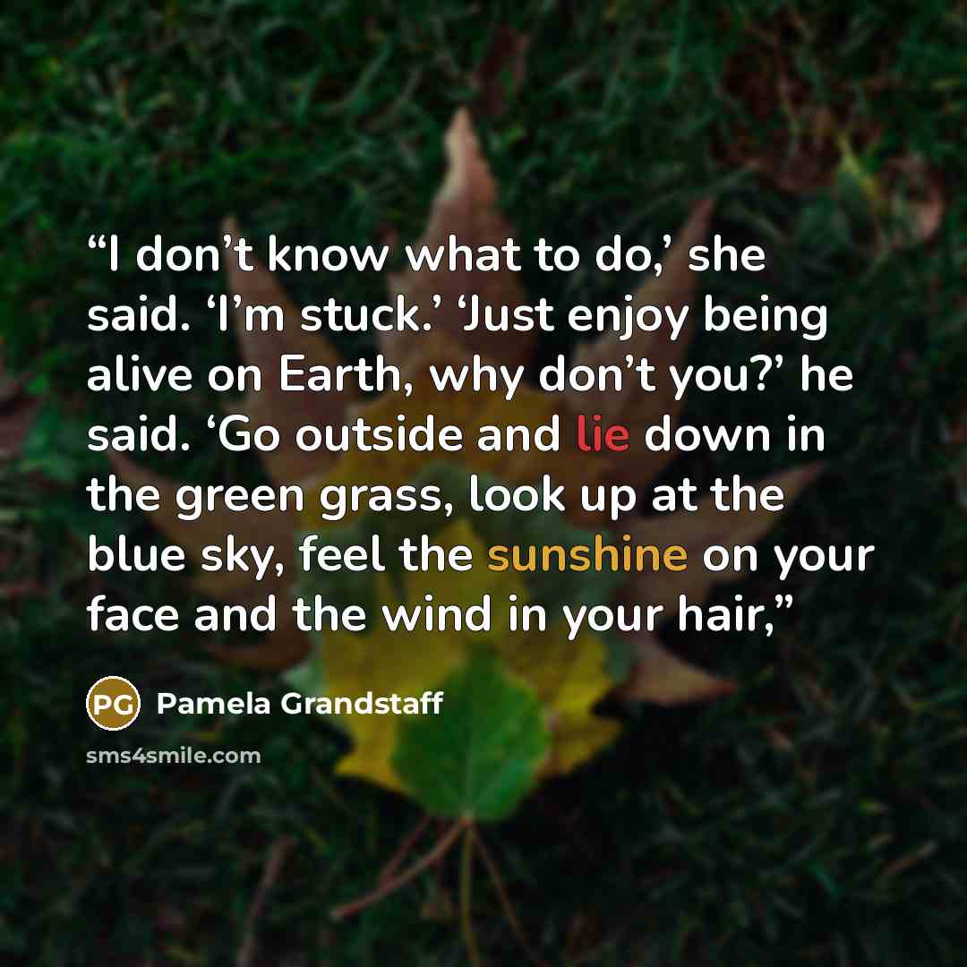 “I don’t know what to do,’ she said. ‘I’m stuck.’ ‘Just enjoy being alive on Earth, why don’t you?’ he said. ‘Go outside and lie down in the green grass, look up at the blue sky, feel the sunshine on your face and the wind in your hair,” quote by Pamela Grandstaff