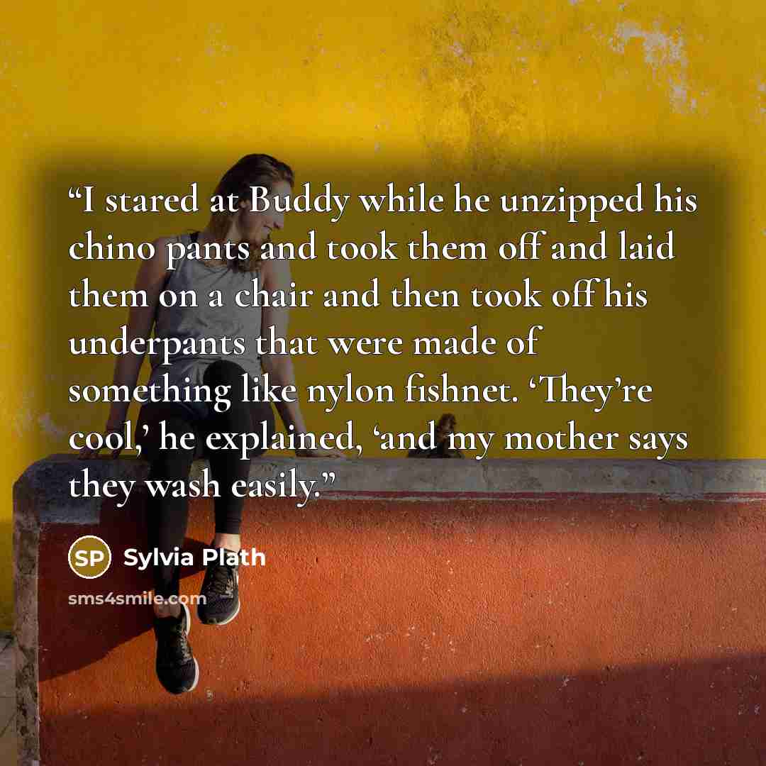 “I stared at Buddy while he unzipped his chino pants and took them off and laid them on a chair and then took off his underpants that were made of something like nylon fishnet. ‘They’re cool,’ he explained, ‘and my mother says they wash easily.” quote by Sylvia Plath