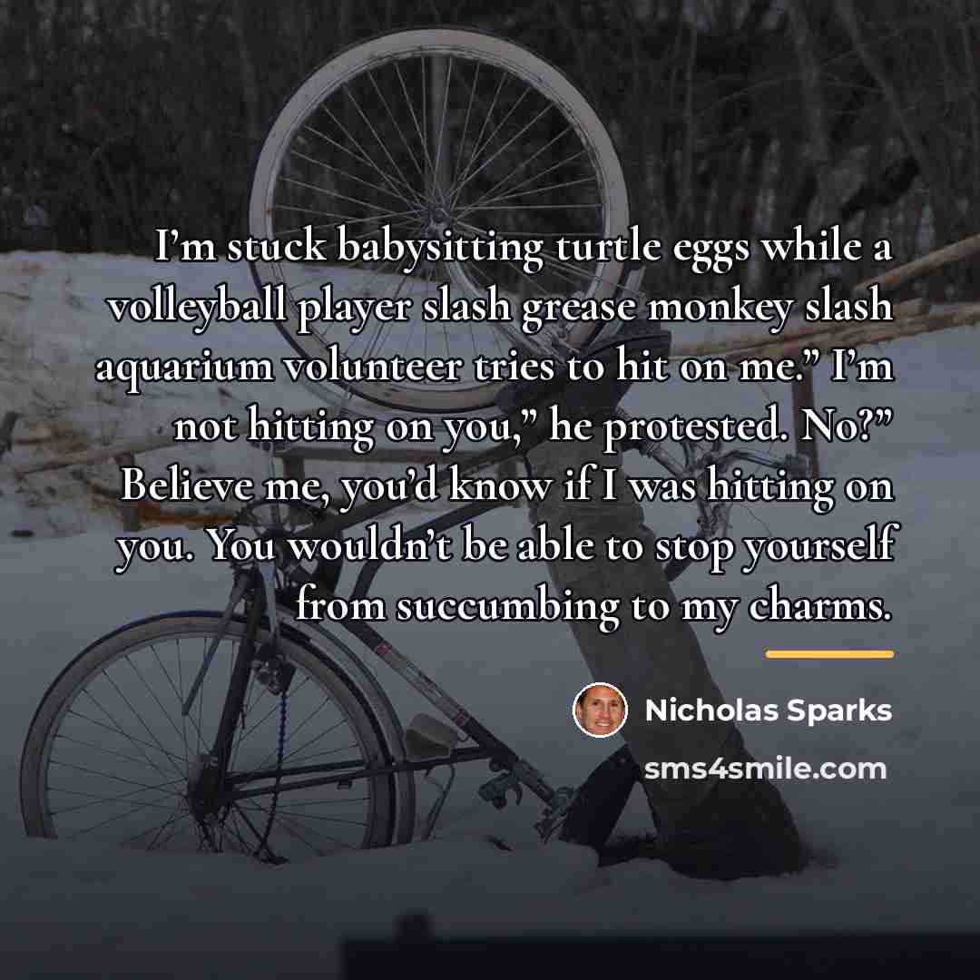 “I’m stuck babysitting turtle eggs while a volleyball player slash…” quote by Nicholas Sparks