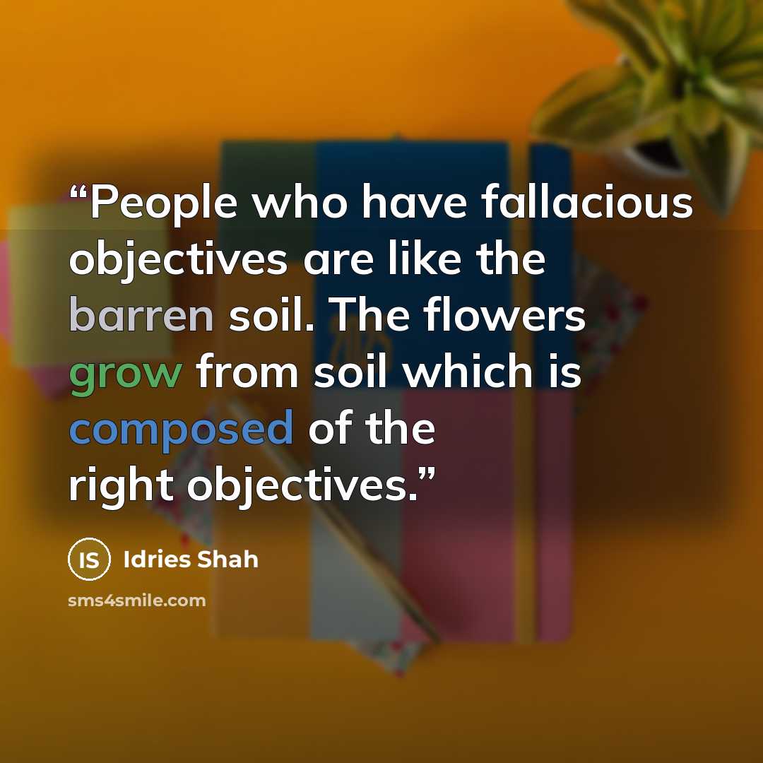 “People who have fallacious objectives are like the barren soil. The flowers grow from soil which is composed of the right objectives.” quote by Idries Shah