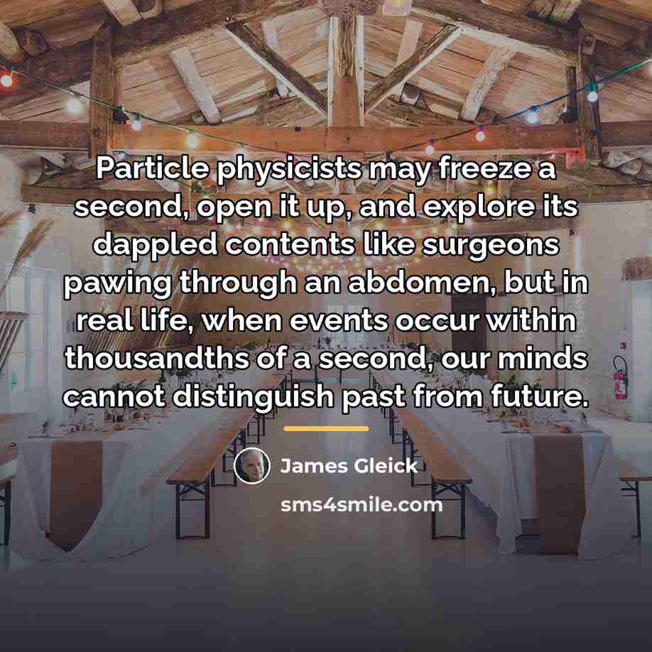 “Particle physicists may freeze a second, open it up, and…” quote by James Gleick