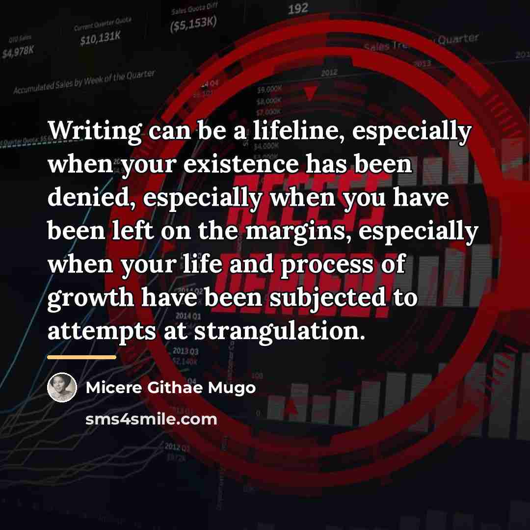 “Writing can be a lifeline, especially when your existence has…” quote by Micere Githae Mugo