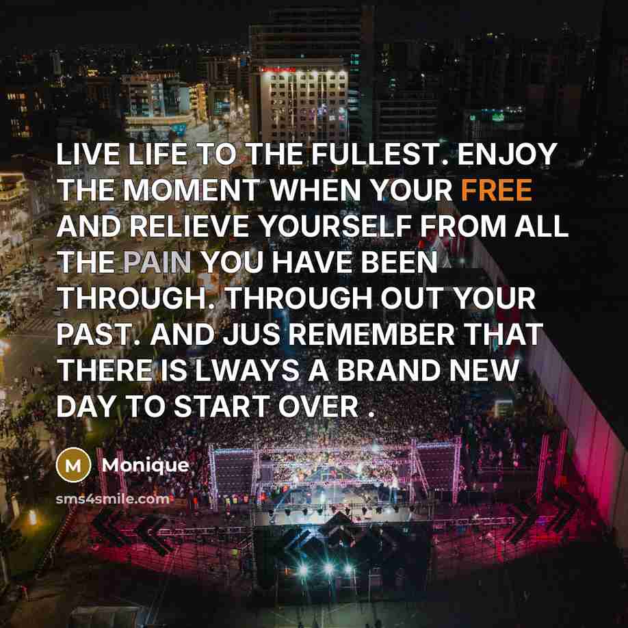 “LIVE LIFE TO THE FULLEST. ENJOY THE MOMENT WHEN YOUR FREE AND RELIEVE YOURSELF FROM ALL THE PAIN YOU HAVE BEEN THROUGH. THROUGH OUT YOUR PAST. AND JUS REMEMBER THAT THERE IS LWAYS A BRAND NEW DAY TO START OVER .” quote by Monique