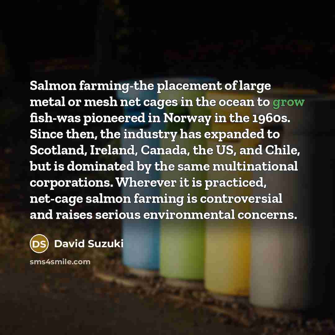 “Salmon farming-the placement of large metal or mesh net cages…” quote by David Suzuki
