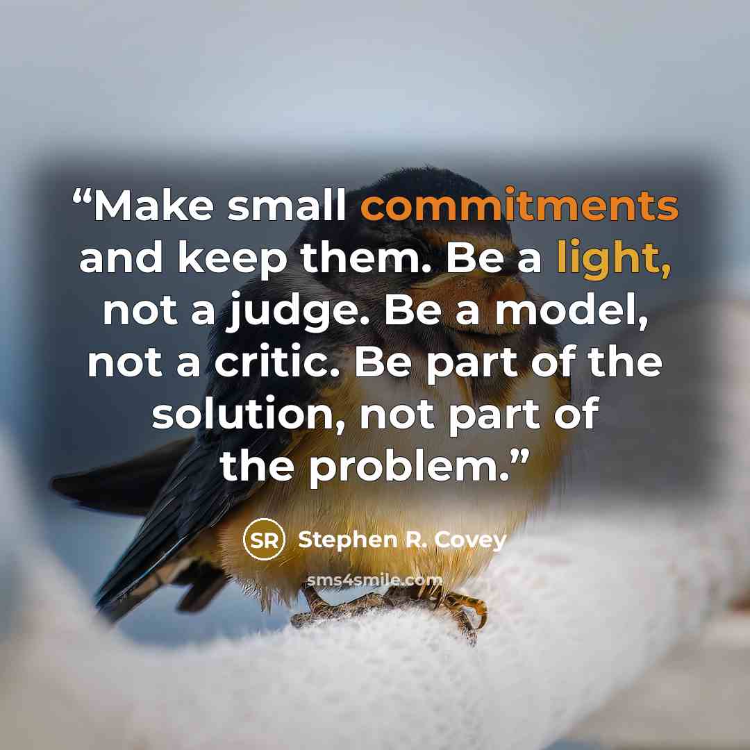 “Make small commitments and keep them. Be a light, not a judge. Be a model, not a critic. Be part of the solution, not part of the problem.” quote by Stephen R. Covey