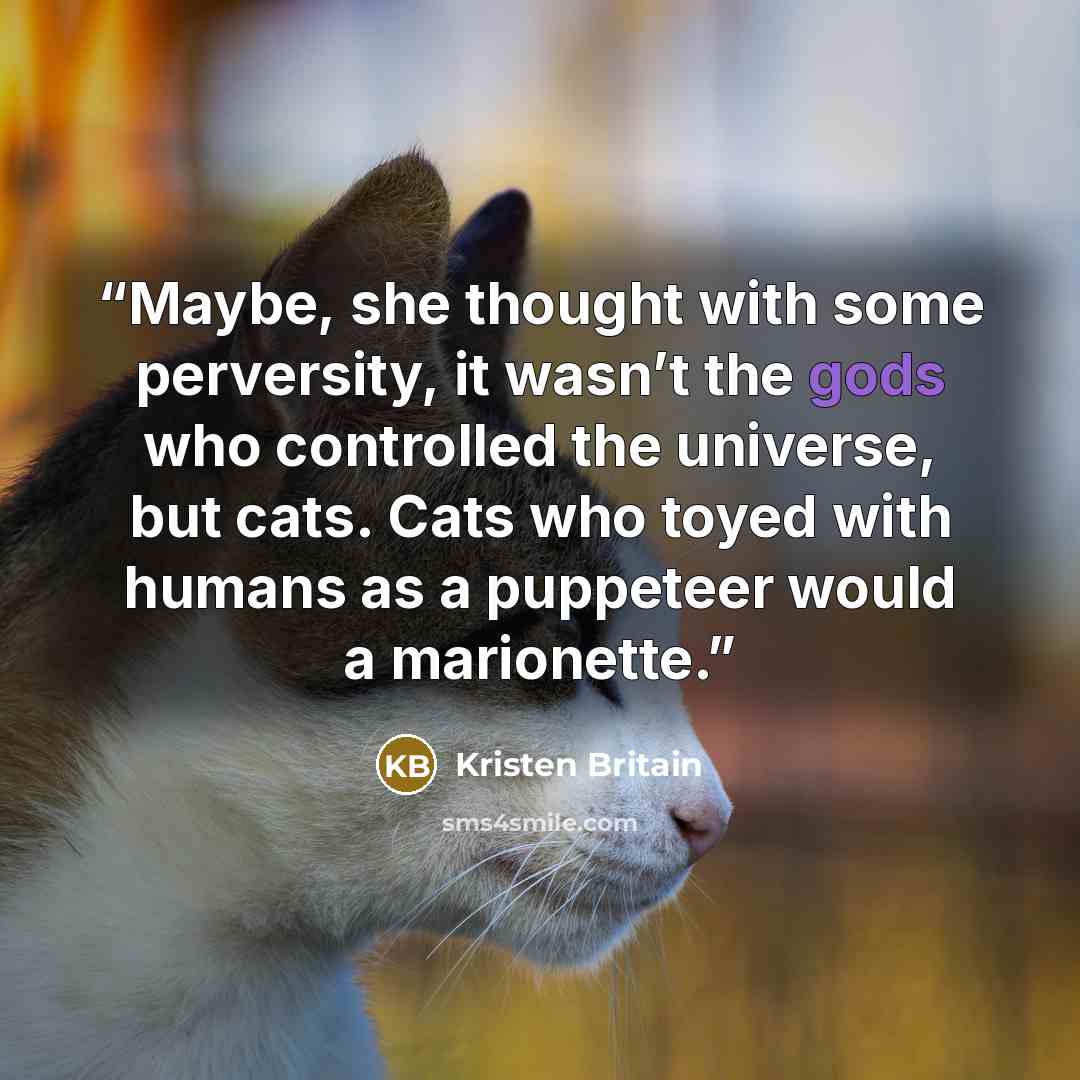 “Maybe, she thought with some perversity, it wasn’t the gods who controlled the universe, but cats. Cats who toyed with humans as a puppeteer would a marionette.” quote by Kristen Britain