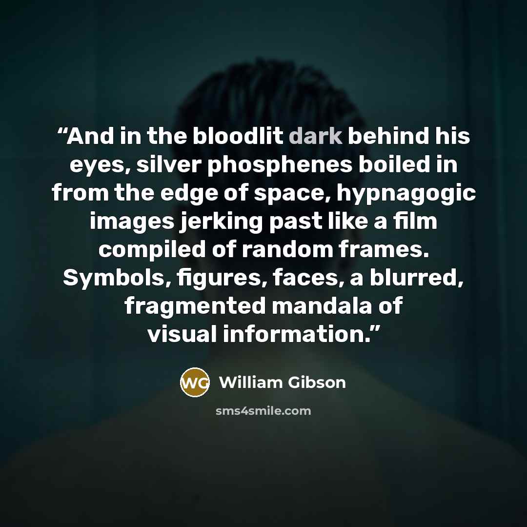 “And in the bloodlit dark behind his eyes, silver phosphenes boiled in from the edge of space, hypnagogic images jerking past like a film compiled of random frames. Symbols, figures, faces, a blurred, fragmented mandala of visual information.” quote by William Gibson