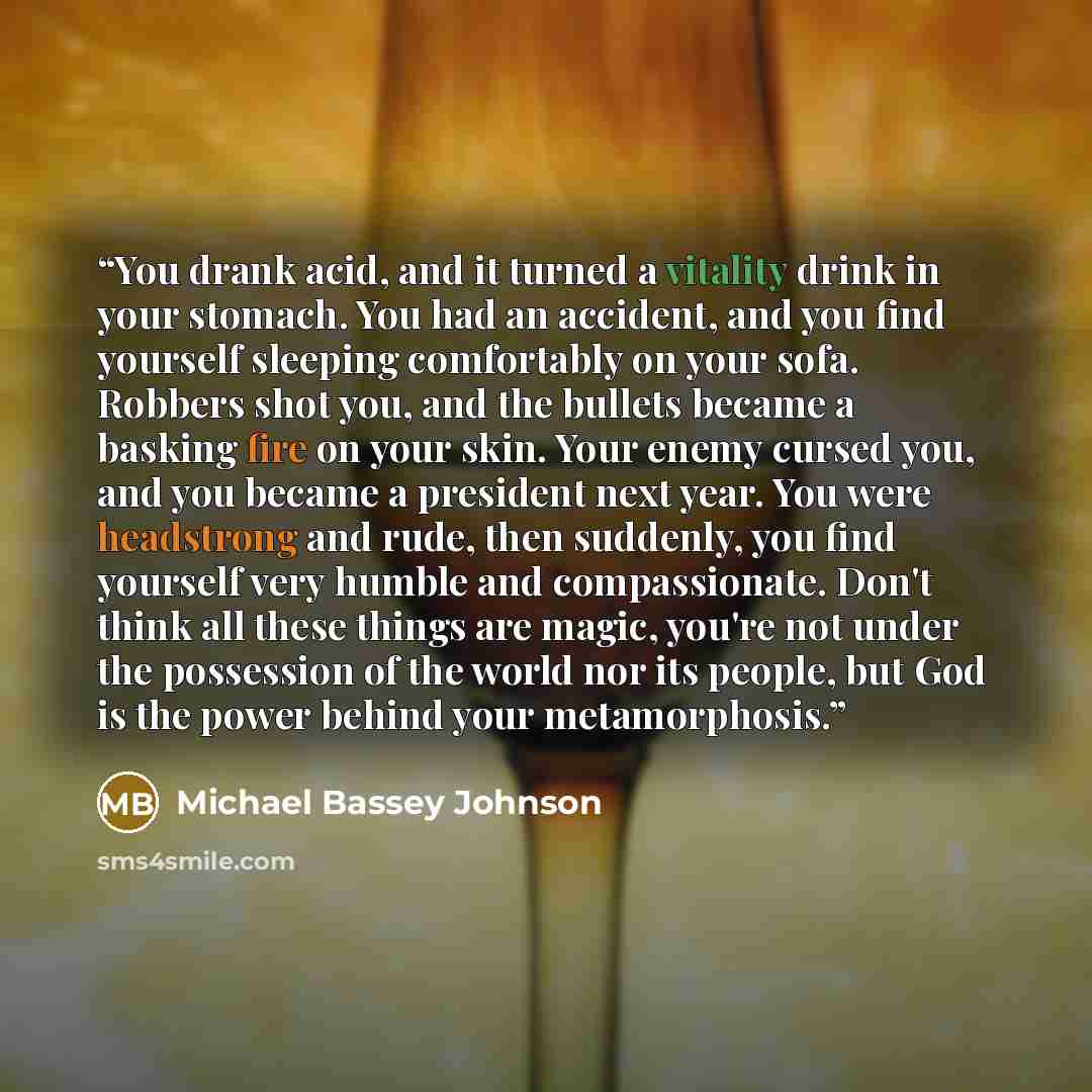 “You drank acid, and it turned a vitality drink in your stomach. You had an accident, and you find yourself sleeping comfortably on your sofa. Robbers shot you, and the bullets became a basking fire on your skin. Your enemy cursed you, and you became a president next year. You were headstrong and…” quote by Michael Bassey Johnson