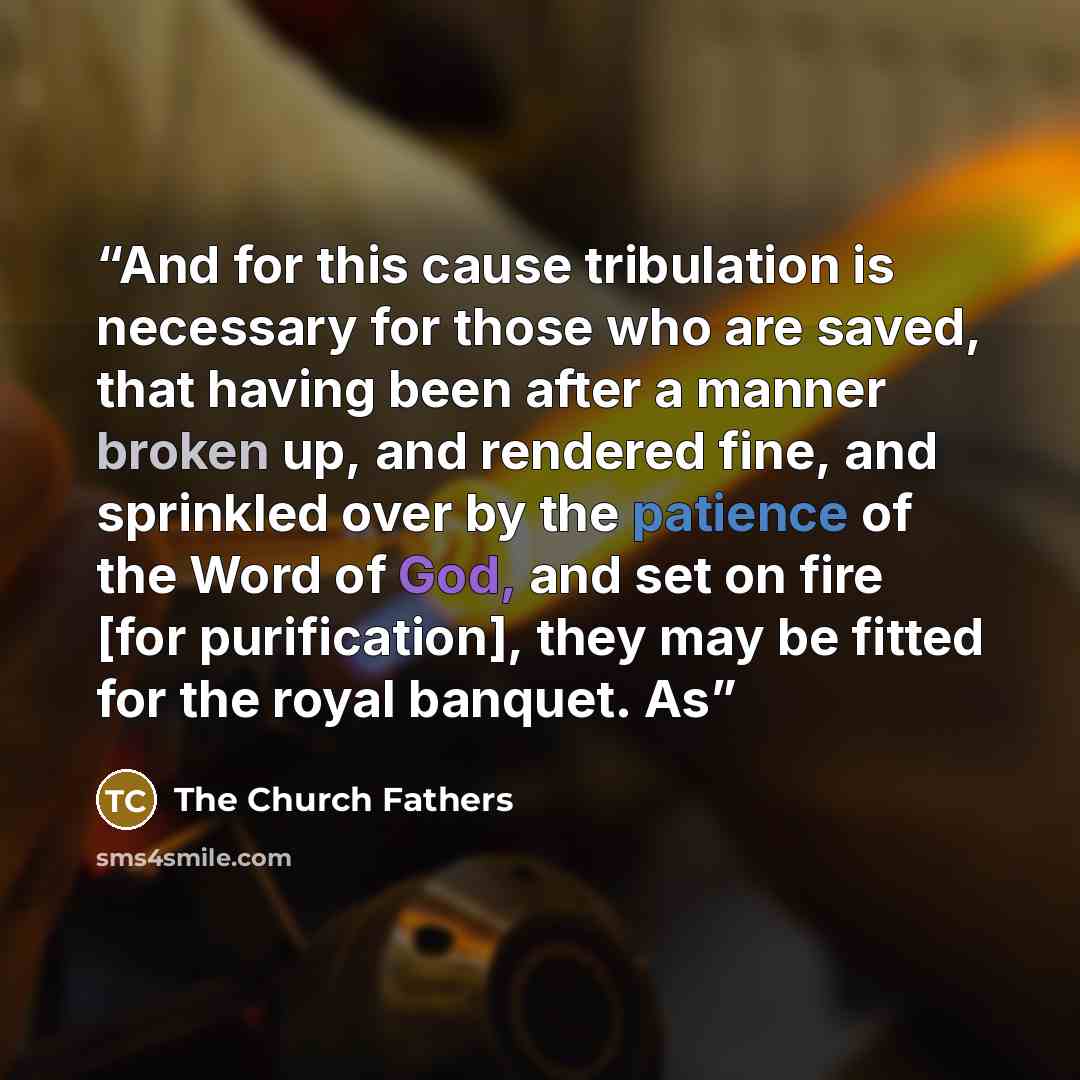 “And for this cause tribulation is necessary for those who are saved, that having been after a manner broken up, and rendered fine, and sprinkled over by the patience of the Word of God, and set on fire [for purification], they may be fitted for the royal banquet. As” quote by The Church Fathers