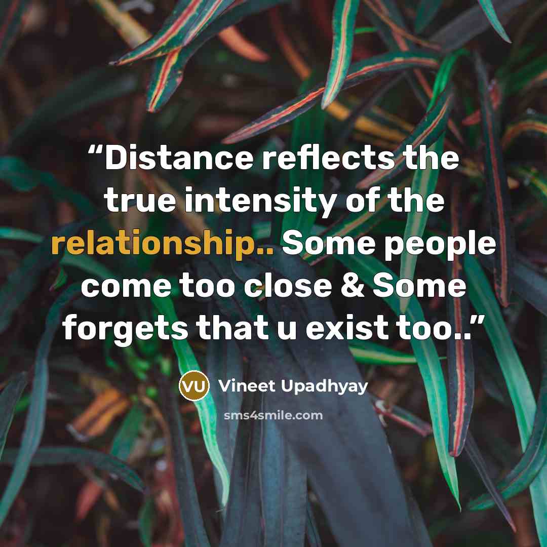 “Distance reflects the true intensity of the relationship.. Some people come too close & Some forgets that u exist too..” quote by Vineet Upadhyay