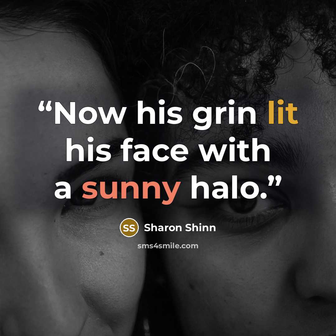 “Now his grin lit his face with a sunny halo.” quote by Sharon Shinn