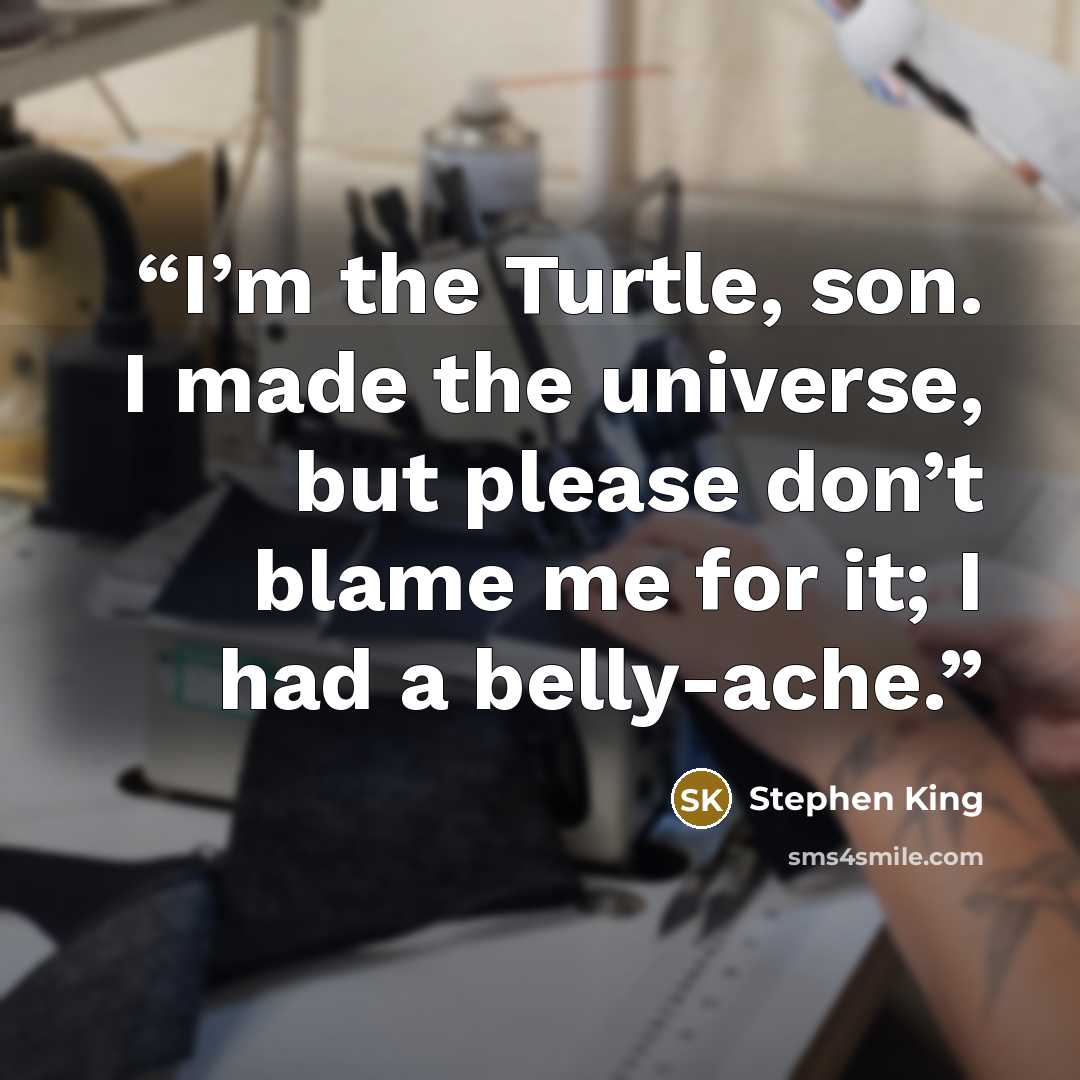 “I’m the Turtle, son. I made the universe, but please don’t blame me for it; I had a belly-ache.” quote by Stephen King