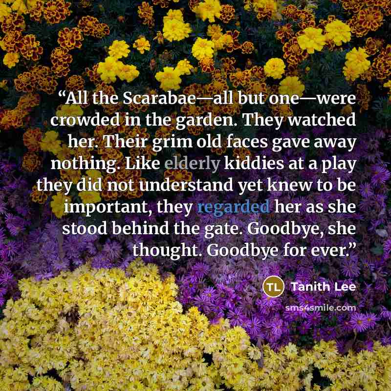 “All the Scarabae—all but one—were crowded in the garden. They watched her. Their grim old faces gave away nothing. Like elderly kiddies at a play they did not understand yet knew to be important, they regarded her as she stood behind the gate. Goodbye, she thought. Goodbye for ever.” quote by Tanith Lee