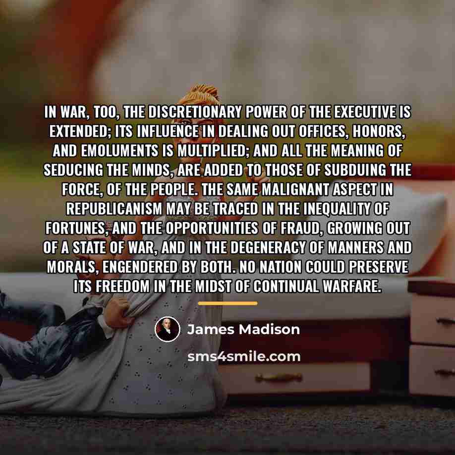 “In war, too, the discretionary power of the Executive is…” quote by James Madison