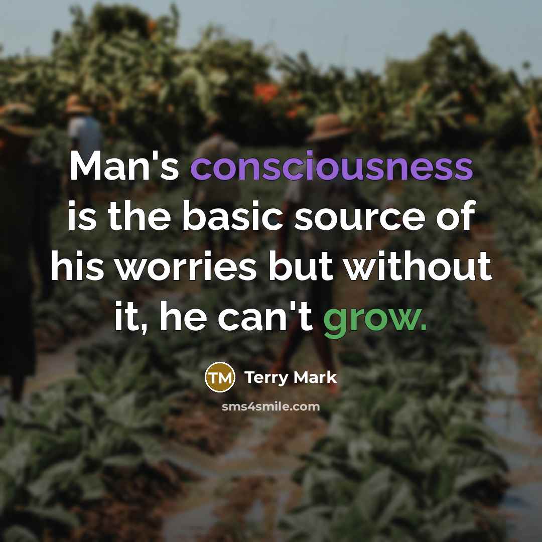 “Man's consciousness is the basic source of his worries but without it, he can't grow.” quote by Terry Mark