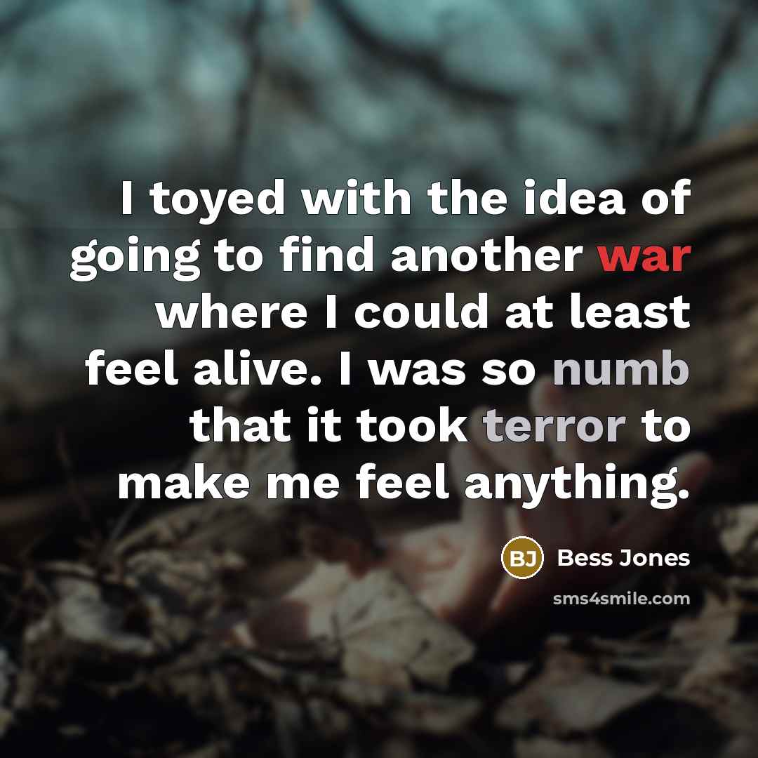 “I toyed with the idea of going to find another war where I could at least feel alive. I was so numb that it took terror to make me feel anything.” quote by Bess Jones