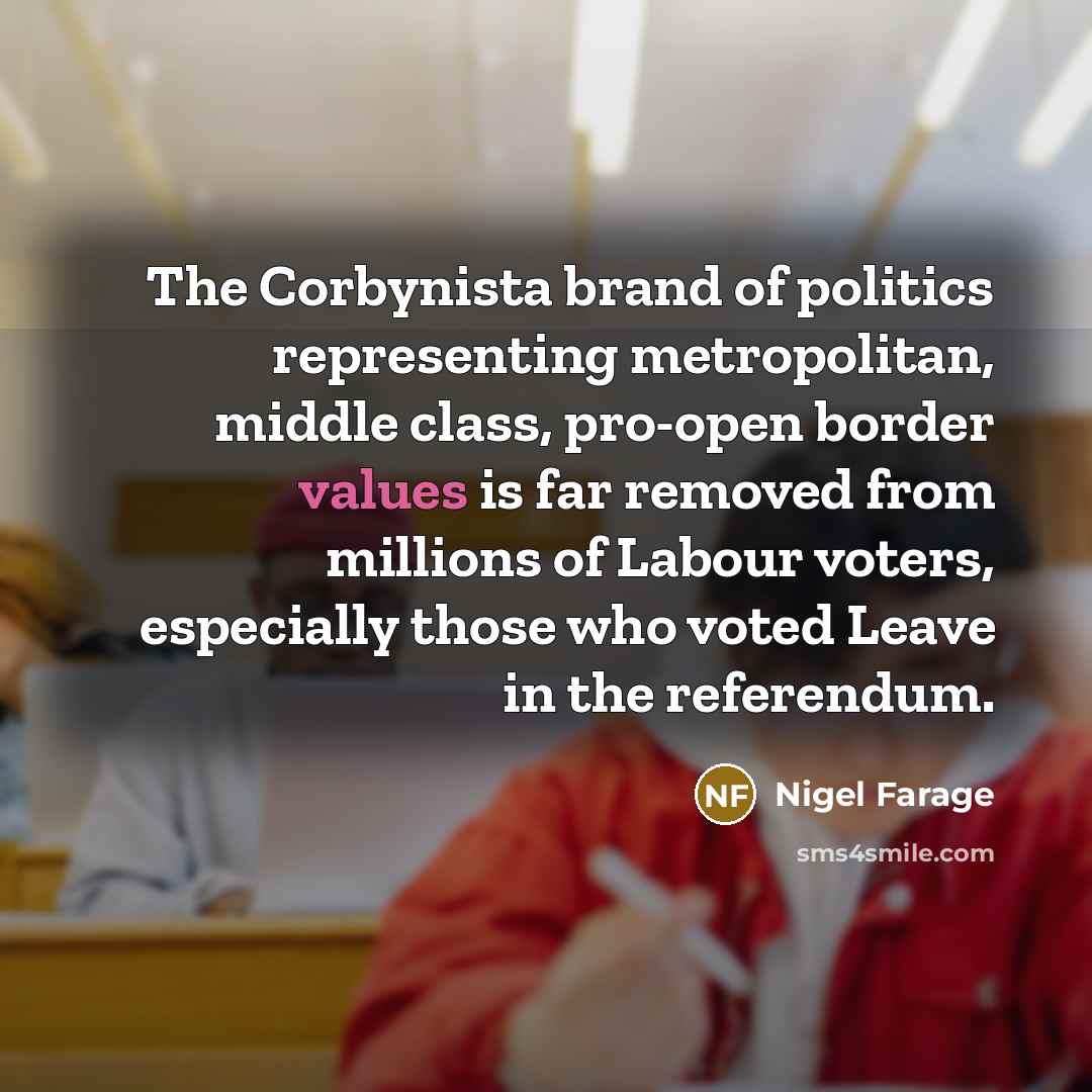 “The Corbynista brand of politics representing metropolitan, middle class, pro-open…” quote by Nigel Farage