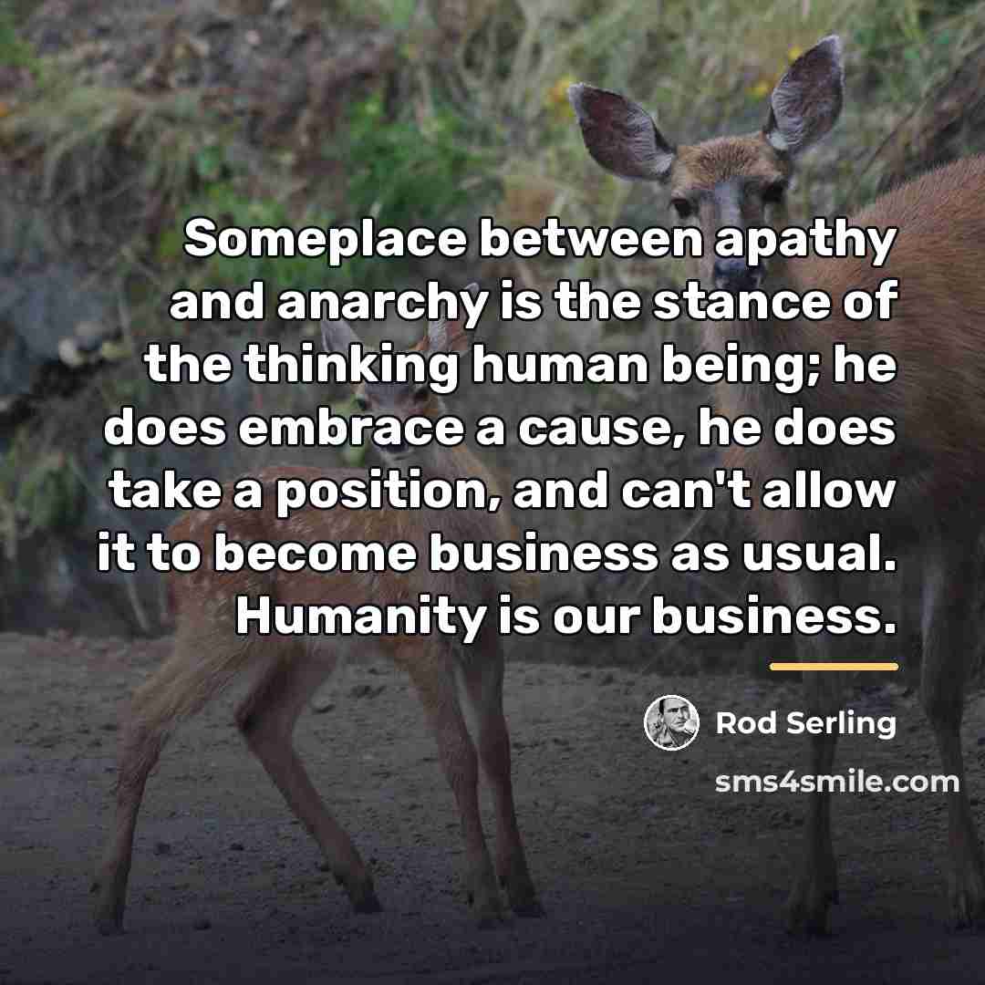 “Someplace between apathy and anarchy is the stance of the…” quote by Rod Serling